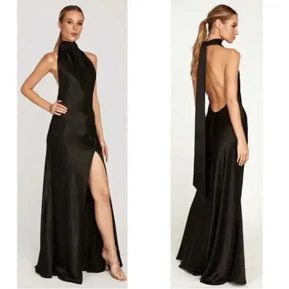 Revolve Sau Lee Black Penelope Halter Tie Neck Maxi Gown Size 2 NWT $550 msrp - Picture 2 of 8